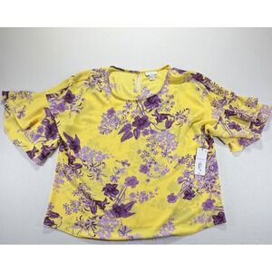 Liz Claiborne Women Yellow Purple Floral Flutter Sleeve Blouse Top Size Large